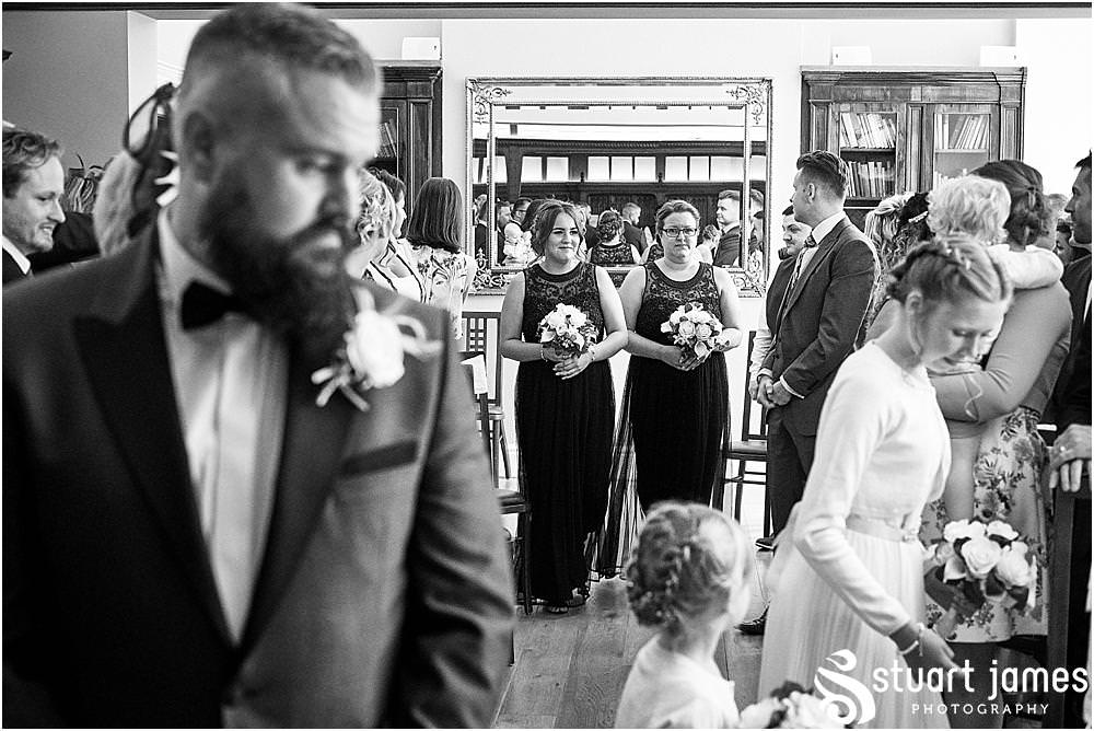 The many emotions of the groom and groomsmen nervously await the bridal party at Pendrell Hall in Codsall Wood by Staffordshire Recommended Wedding Photographer Stuart James