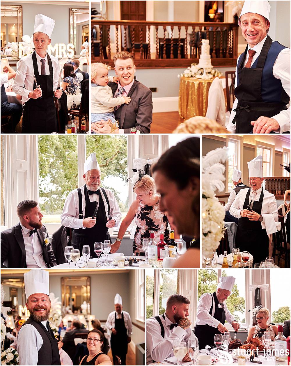 The reactions from the guests as they were told they were to be the carvers for the roast - simply brilliant - at Pendrell Hall in Codsall Wood by Staffordshire Recommended Wedding Photographer Stuart James