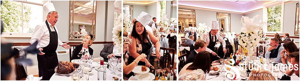 The reactions from the guests as they were told they were to be the carvers for the roast - simply brilliant - at Pendrell Hall in Codsall Wood by Staffordshire Recommended Wedding Photographer Stuart James