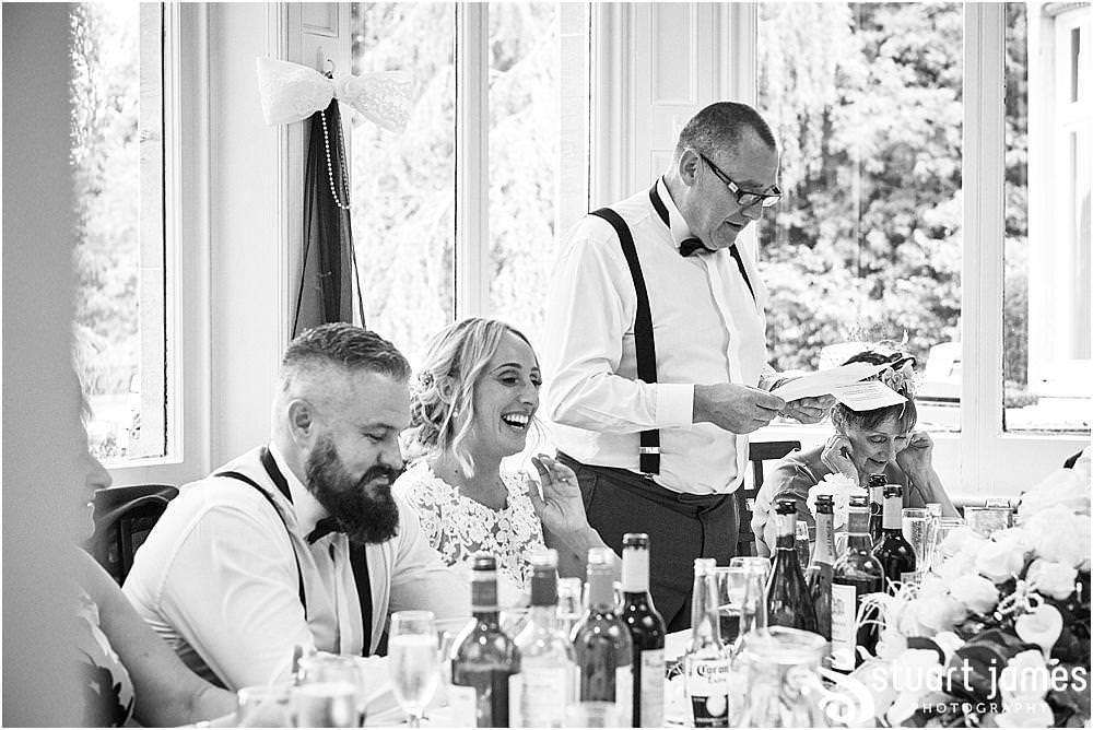 Capturing the Father of the Bride's speech and the wonderful guest reactions at Pendrell Hall in Codsall Wood by Staffordshire Recommended Wedding Photographer Stuart James