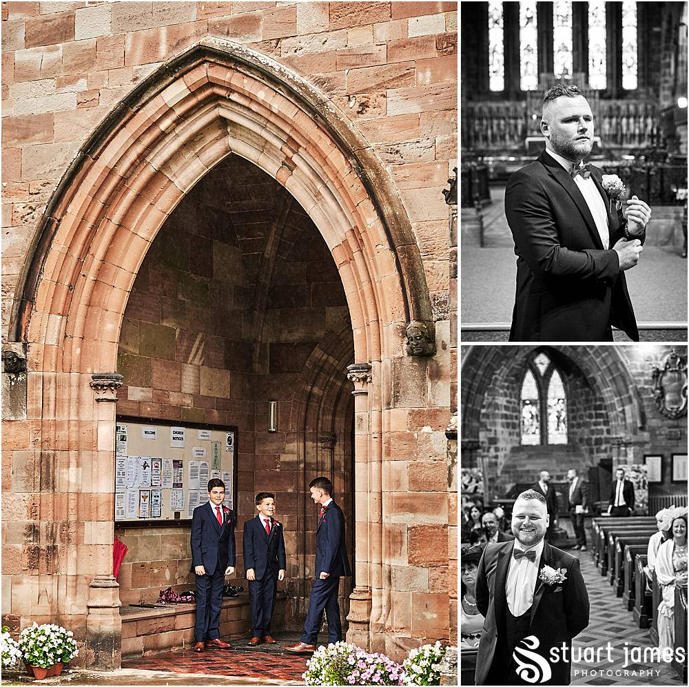 Ushers waiting outside of the Holy Trinity Church and the Groom is waiting for bride inside the church, photo by Stuart James Photography at Holy Trinity, Eccleshall