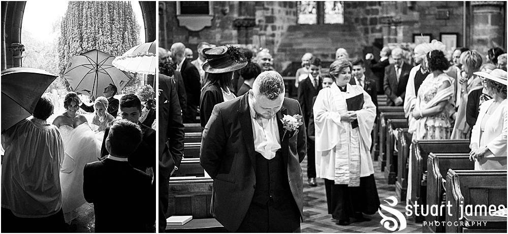 Groom waits at altar whilst bridal party enter church, photo by Stuart James Photography at Holy Trinity, Eccleshall