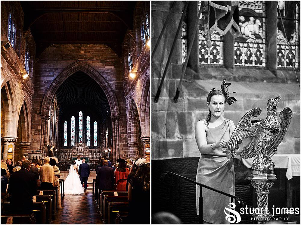 Vicar, Bride and Groom stand at the altar and wedding guest makes speech at the lectern, photo by Stuart James Photography at Holy Trinity, Eccleshall