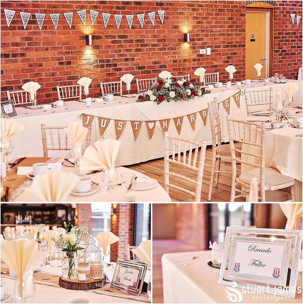 Rustic wedding reception at Aston Marina, top table decorated with hessian bunting, white table cloth, red and white roses, wooden log centre pieces and table name, photo by Stuart James Photography at Aston Marina, Stone.