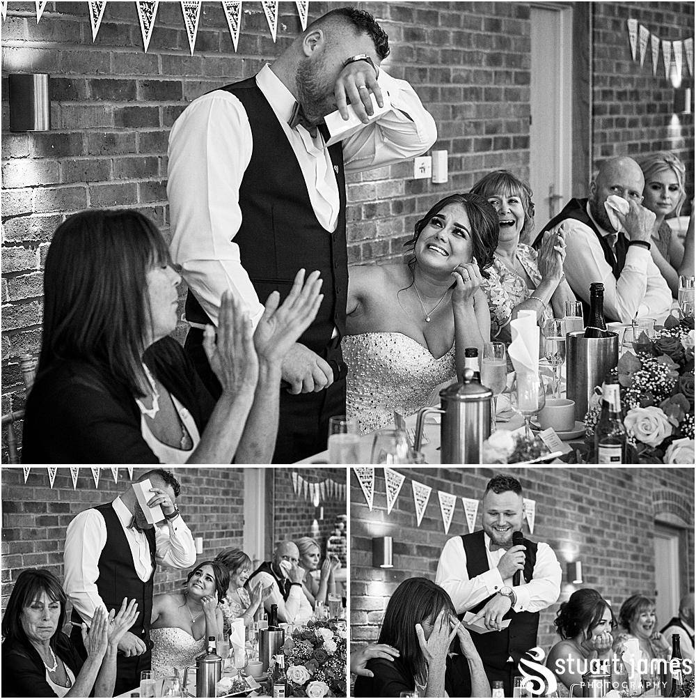 Groom gets emotional whilst making speech to Bride, photo by Stuart James Photography at Aston Marina, Stone.