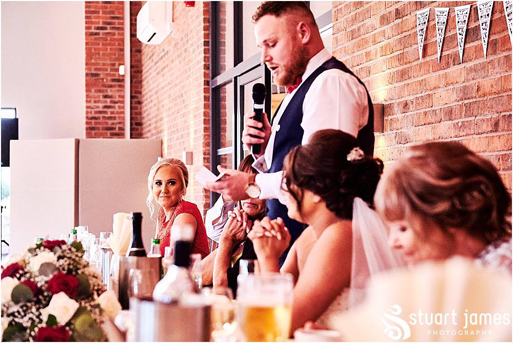 Groom makes speech to wedding guests and Bride, photo by Stuart James Photography at Aston Marina, Stone.
