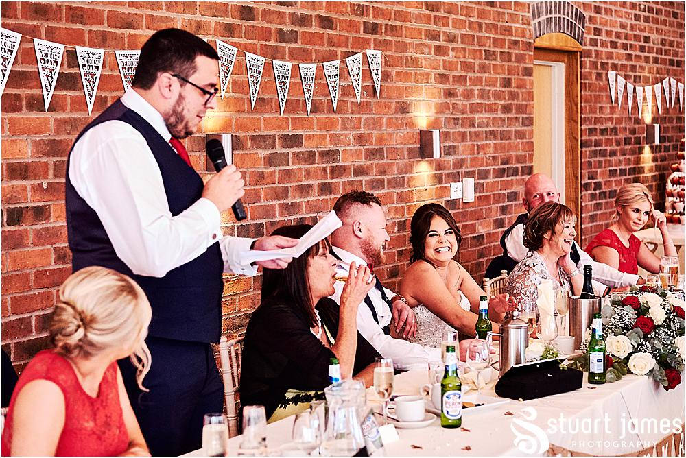 Best man makes speech about Groom to wedding guests, photo by Stuart James Photography at Aston Marina, Stone