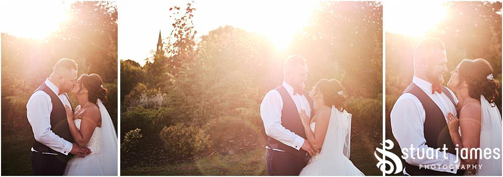 Bride and Groom embracing in the sun outside wedding venue, photo by Stuart James Photography at Aston Marina, Stone