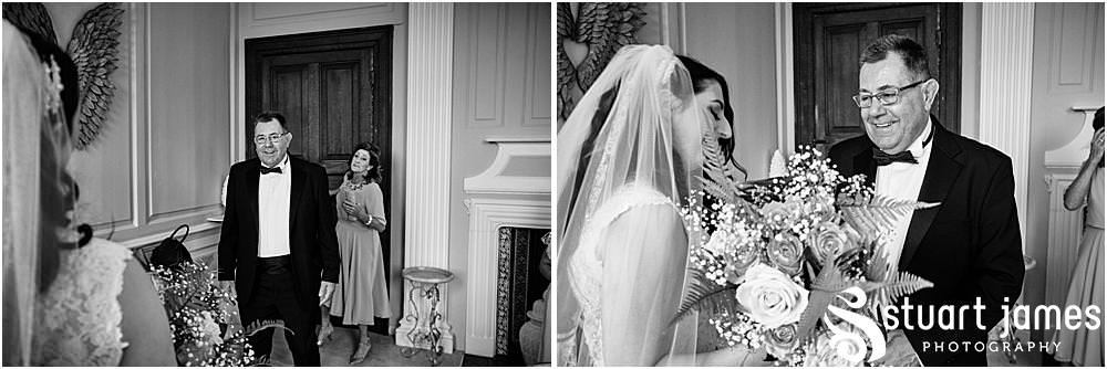 Father of the Bride gets first look at the Bride in her wedding dress, veil and with her bouquet at Davenport House in Shropshire by Davenport House Wedding Photographers Stuart James