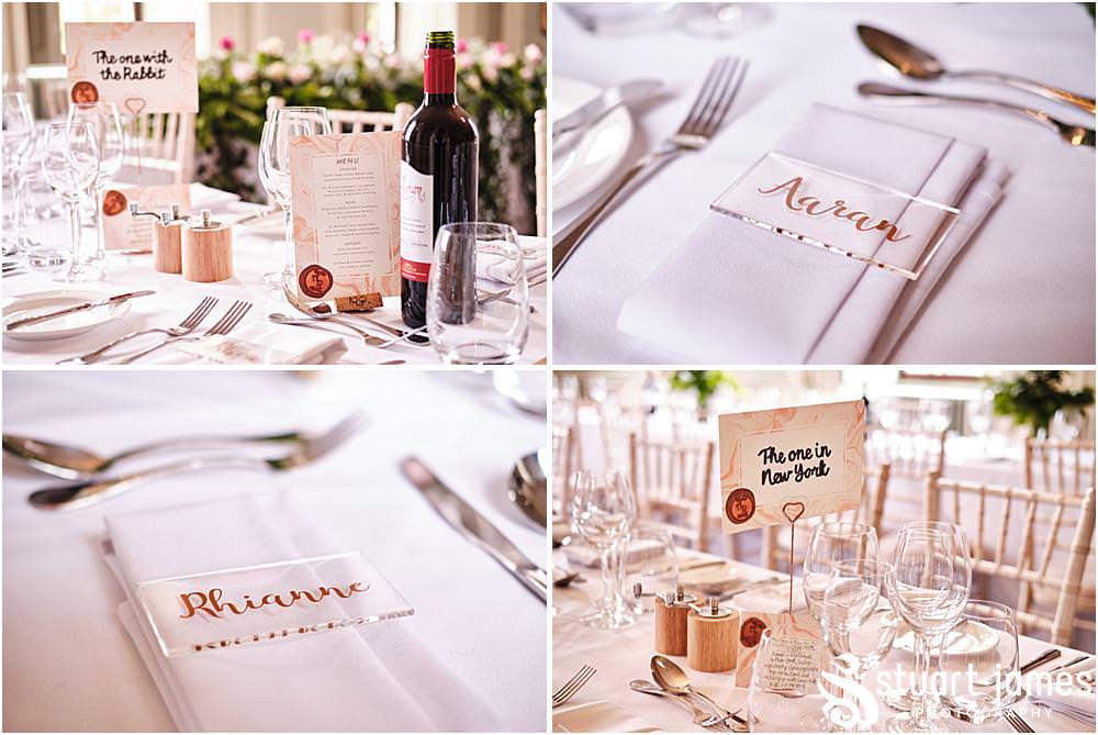 Wedding reception room set up with acrylic name places and 'Friends' theme table names with white linens at Davenport House in Shropshire by Davenport House Wedding Photographers Stuart James at Davenport House in Shropshire by Davenport House Wedding Photographers Stuart James