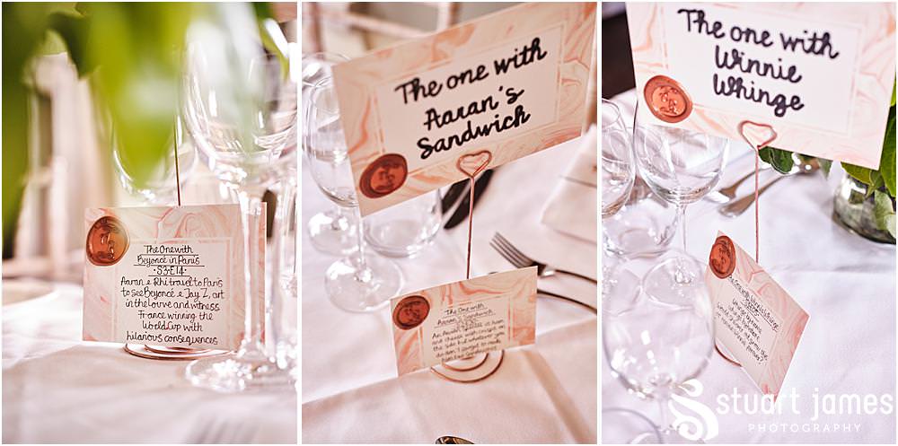 Wedding reception room set up with acrylic name places and 'Friends' theme table names with white linens at Davenport House in Shropshire by Davenport House Wedding Photographers Stuart James at Davenport House in Shropshire by Davenport House Wedding Photographers Stuart James
