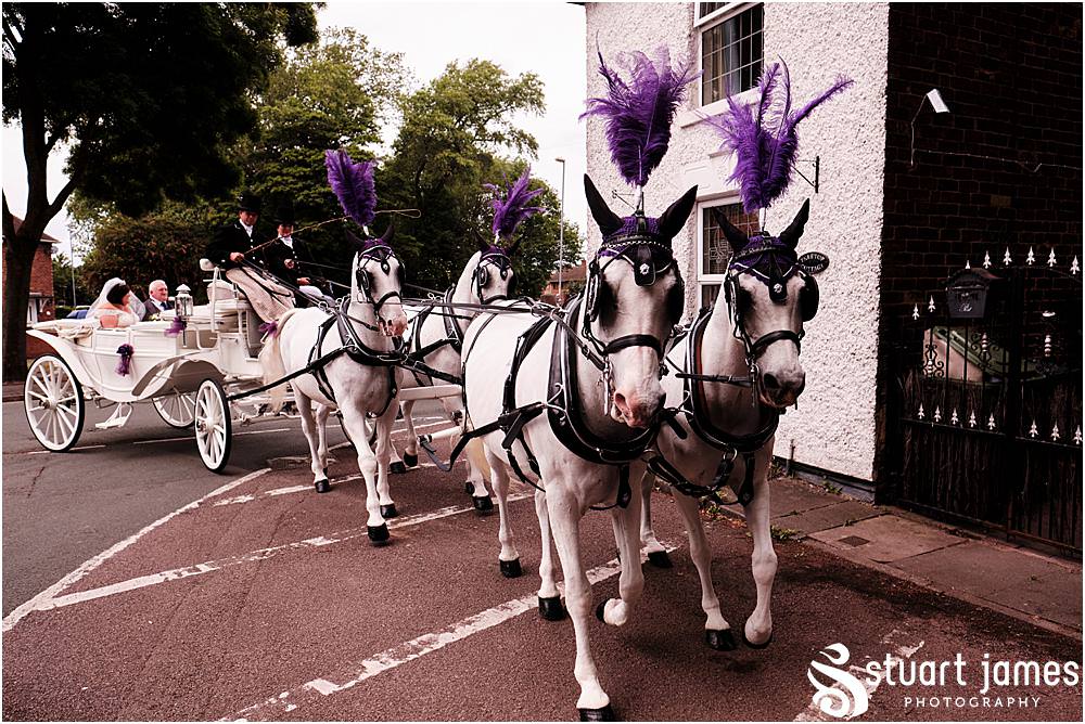 Bride and Father of the bride arrive by horse and carriage at Holy Trinity Church in Eccleshall, photo by Stuart James Photography at Holy Trinity Church, Eccleshall