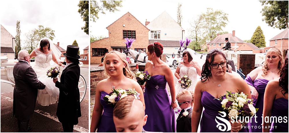 Bride gets our of horse and carriage with Bridesmaids at Holy Trinity Church in Eccleshall, photo by Stuart James Photography at Holy Trinity Church, Eccleshall