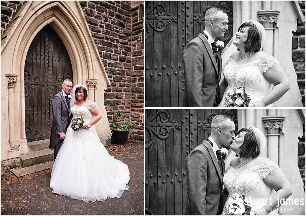 Bride and Groom pose for outside portraits together at Holy Trinity Church in Eccleshall, photo by Stuart James Photography at Holy Trinity Church, Eccleshall