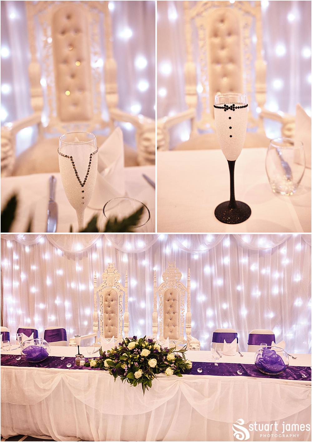 Top table at The Village Hotel decorated with Purple table runners and personalised champagne glasses , Walsall, photo by Stuart James Photography