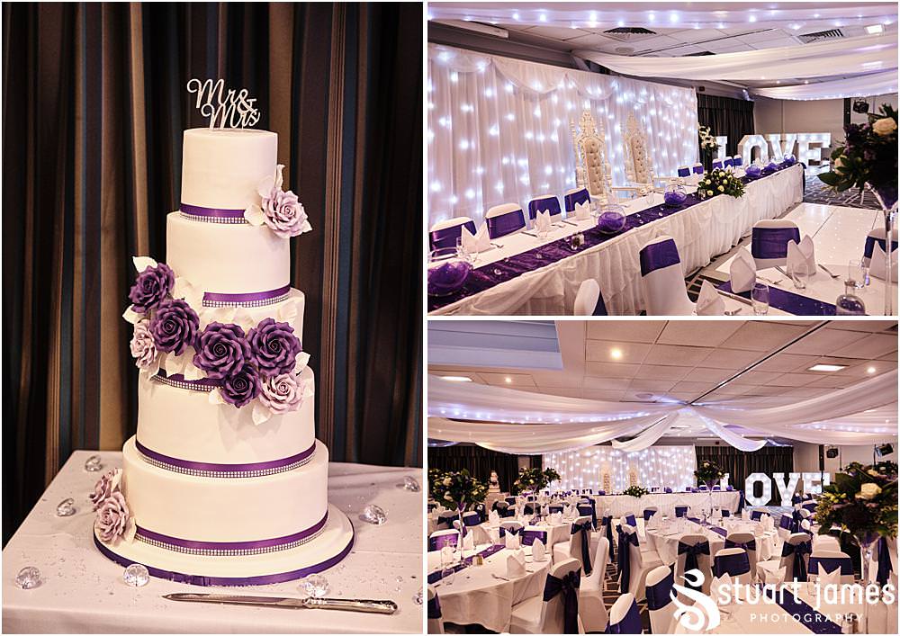 Cake table at The Village Hotel, cake decorated with Purple flower and Mr and Mrs cake topper, Venue decorated with purple table runners and Love sign, The Village Hotel Walsall, photo by Stuart James Photography