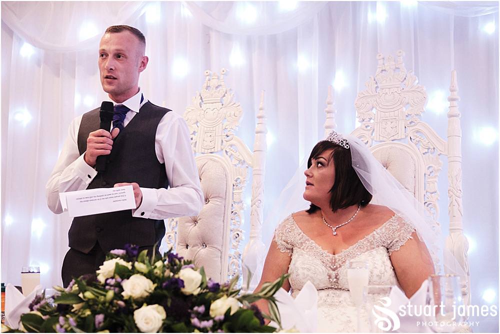 Groom says his speech to Bride and Wedding Guests at the top table at The Village Hotel, Walsall, photo by Stuart James Photography