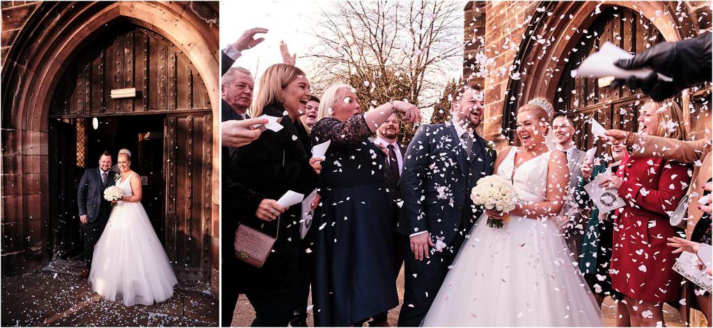 Confetti fun before the reception at St Michaels Church in Penkridge by Cannock Wedding Photographer Stuart James
