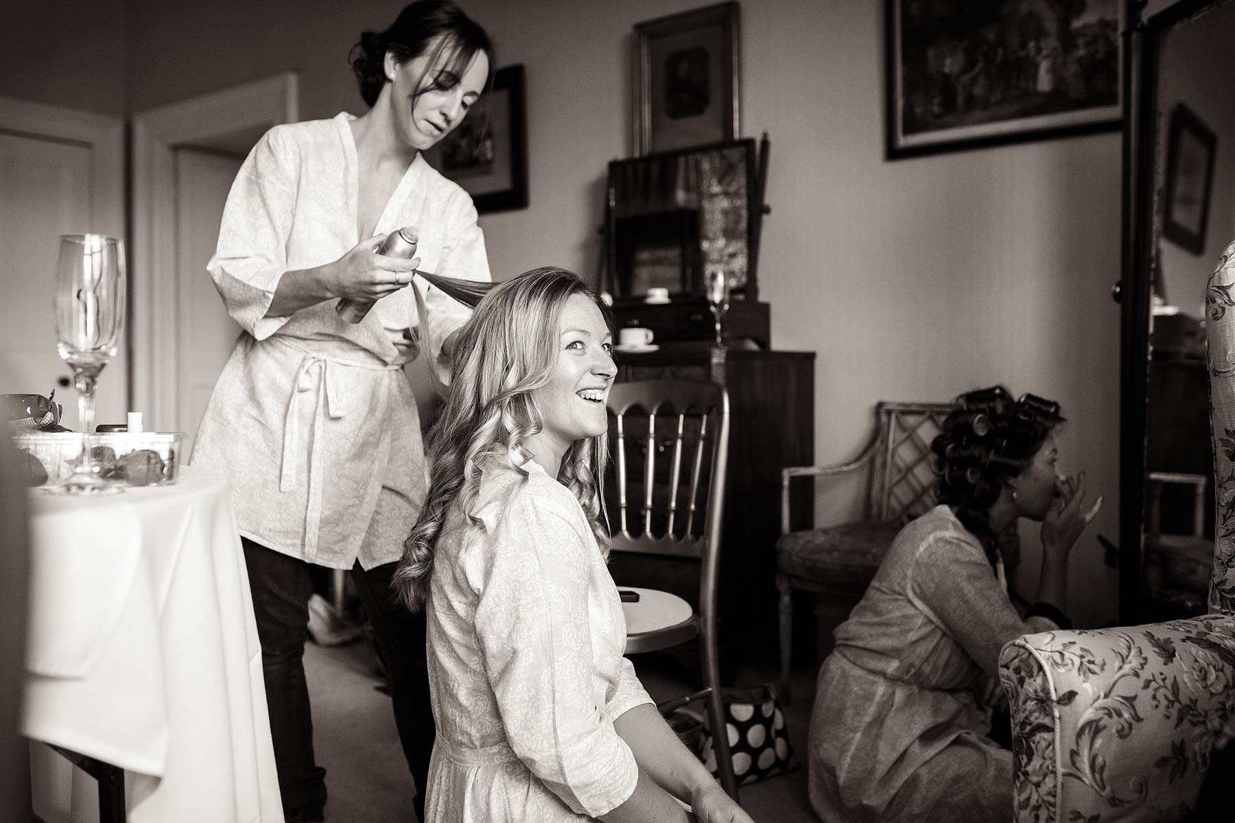 Creative documentary wedding photography of the bridal morning in the bedroom at Sandon Hall in Stafford by Liverpool Documentary Wedding Photographer Stuart James