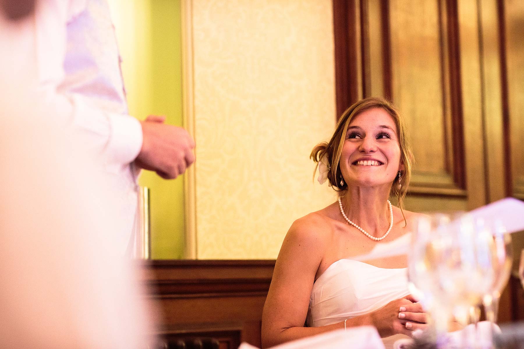 Wedding photos that show the fun and the reactions during the wedding speeches at Sandon Hall in Stafford by Documentary Wedding Photographer Stuart James