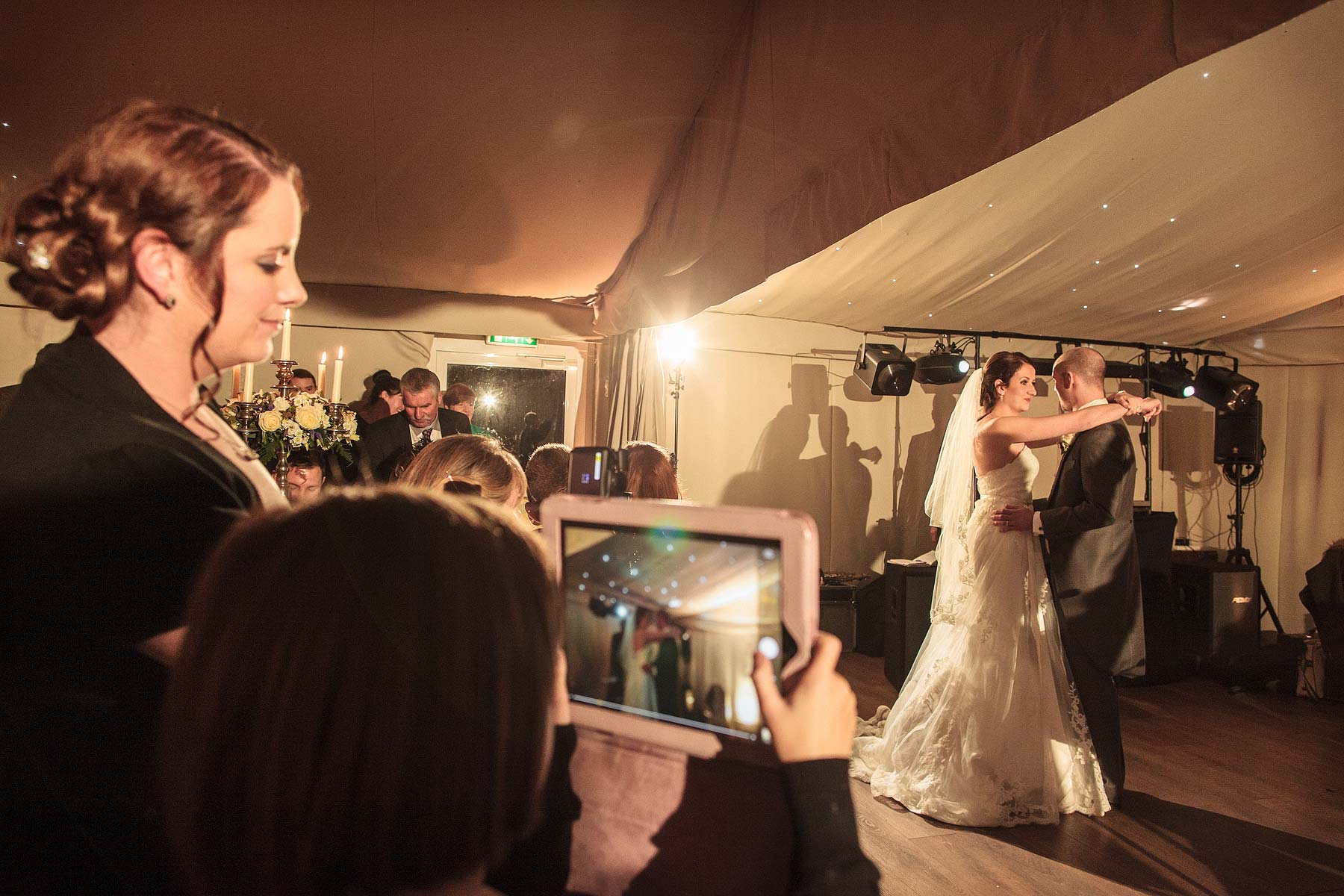Fun photographs during dancing at Chillington Hall in Brewood by Reportage Wedding Photographer Stuart James