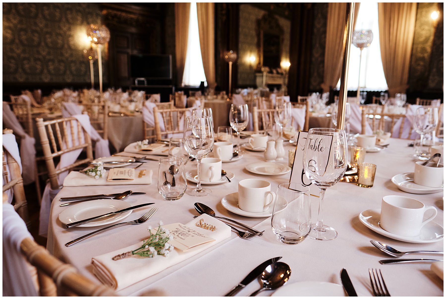 Idyllic setting and styling for the wedding breakfast at Hawkstone Hall in Shrewsbury by Documentary Wedding Photographer Stuart James